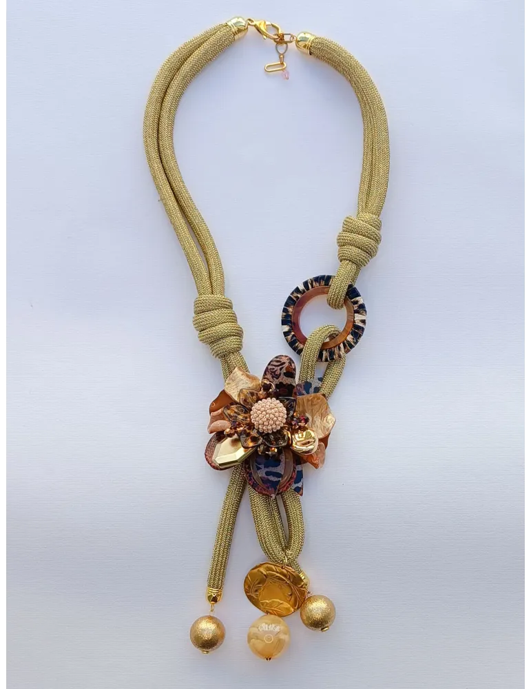 Handmade long necklace with flower pearls and crystals
