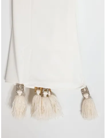 White rectangular stole with crystals and tassels