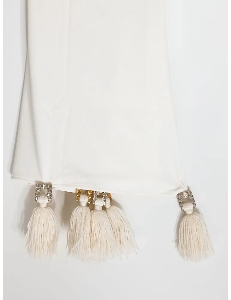 Shop online elegant white rectangular stole with crystals and tassels