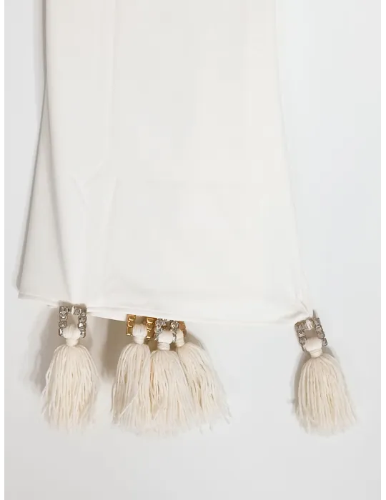 Shop online elegant white rectangular stole with crystals and tassels