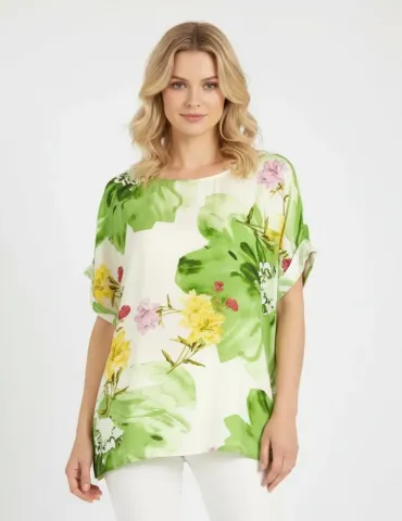 White Kimono t-shirt green and yellow floral printed