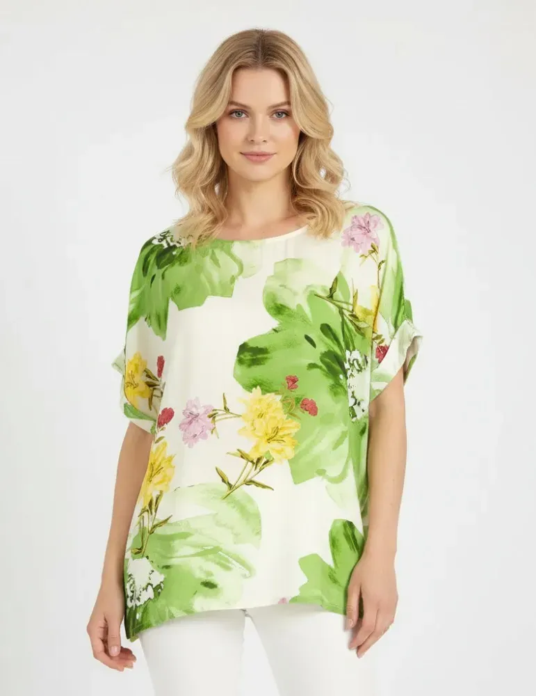 White Kimono t-shirt green and yellow floral printed - Rubamori