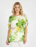 T-shirt viscosa bi materica con fiori sul verde e giallo Rubamori