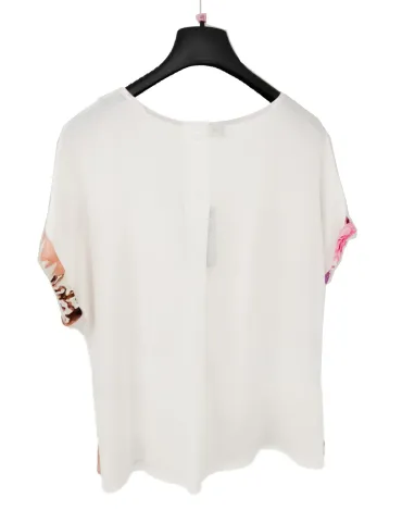 T-shirt viscosa bi materica con fiori sul marrone e lilla Rubamori 2