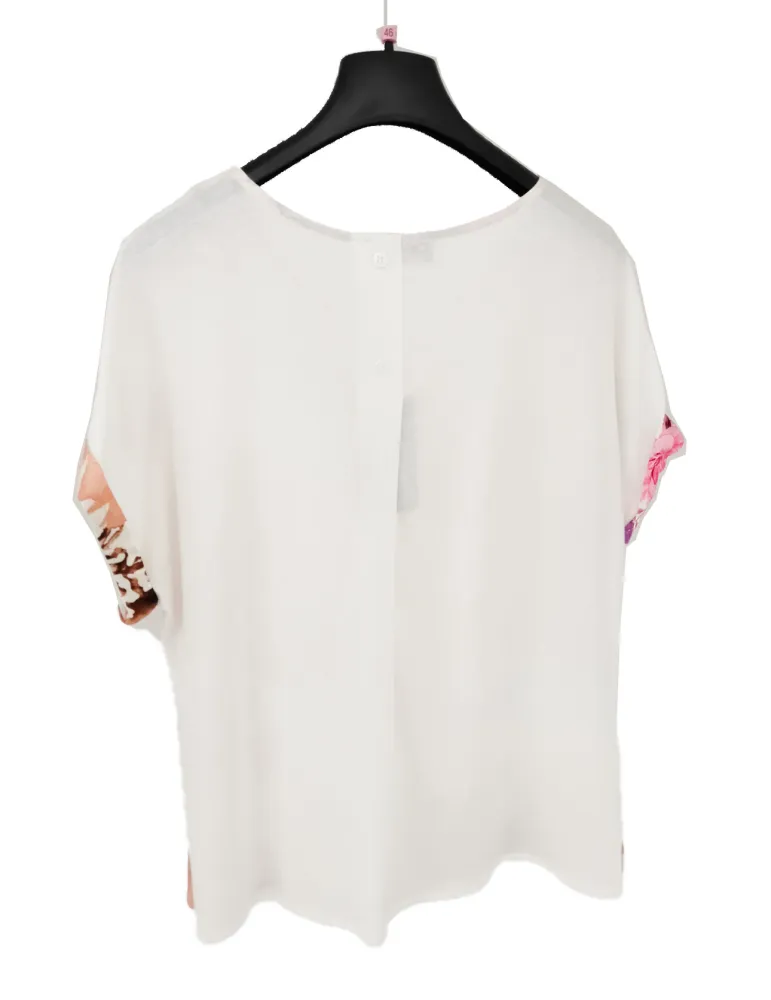 Milky white Kimono t-shirt brown and lilac floral printed - Rubamori