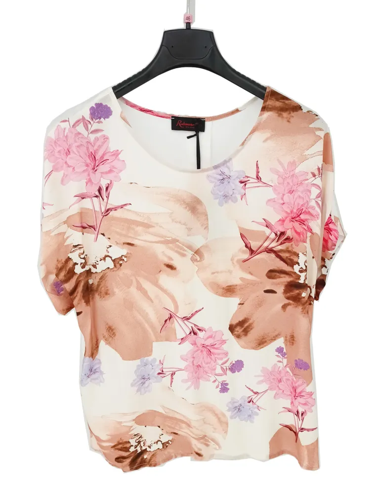 T-shirt viscosa bi materica con fiori sul marrone e lilla Rubamori