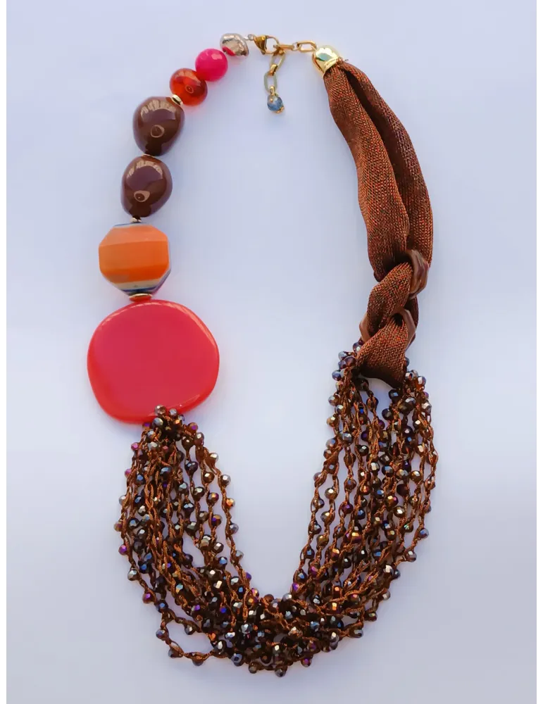 Handmade long necklace with flower pearls and crystals