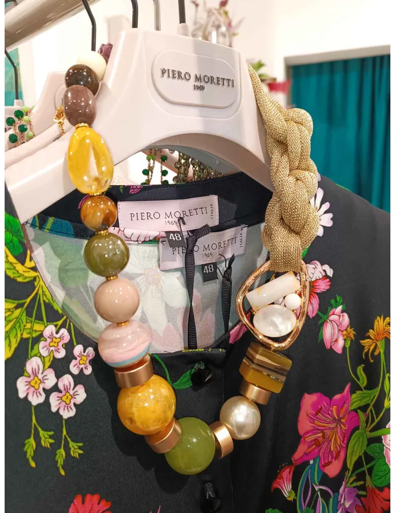 Handmade long necklace with flower pearls and crystals