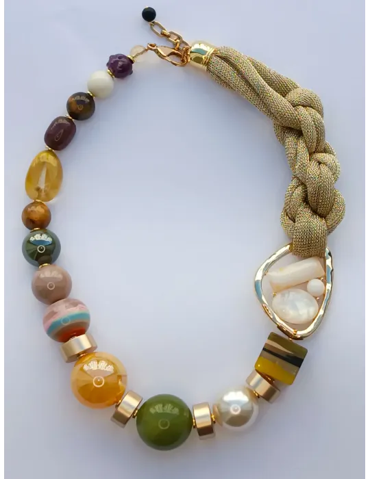 Handmade long necklace with flower pearls and crystals