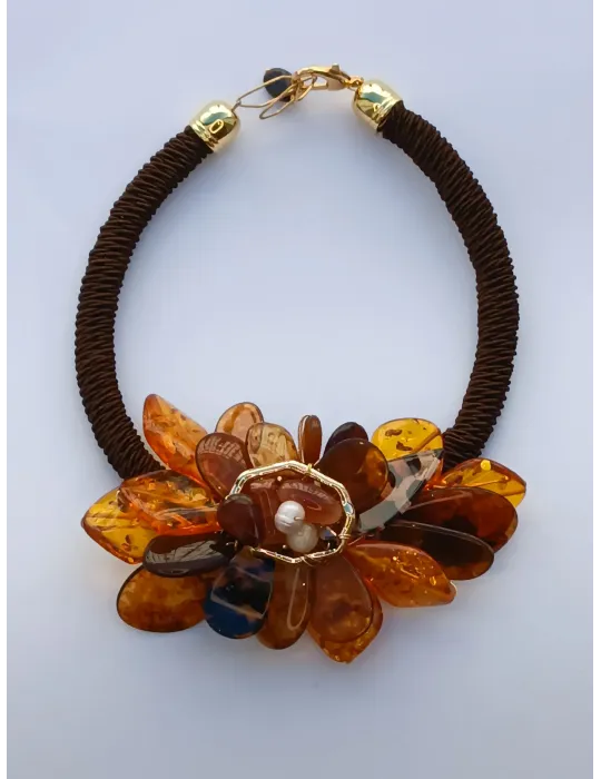 Handmade long necklace with flower pearls and crystals