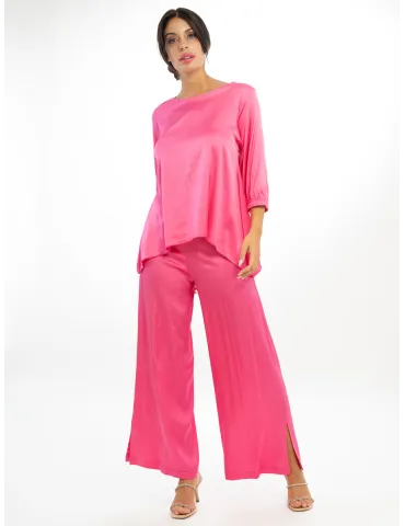 Solid fuchsia viscose satin blouse and trouser set