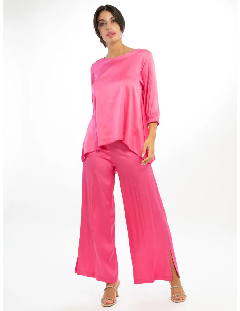 Solid fuchsia viscose satin blouse and trouser set for plus size
