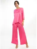 Solid fuchsia viscose satin blouse and trouser set