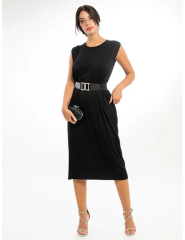 Abito nero prendisole midi con strass sulle spalle Olivia Rei