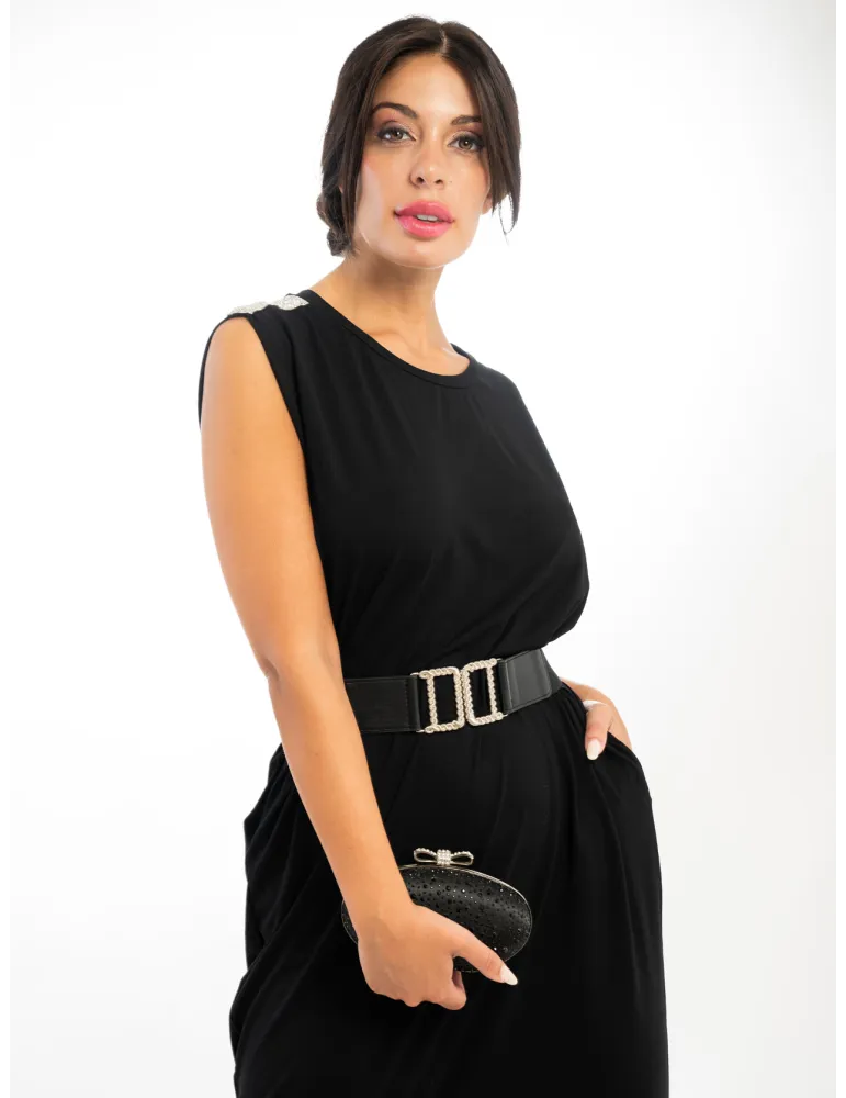 Midi tunic black sundress with rhinestone shoulder details | Plus size