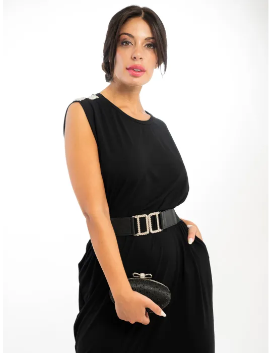 Midi tunic black sundress with rhinestone shoulder details | Plus size