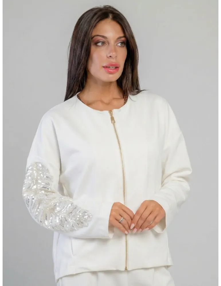 White neoprene-effect sweatshirt jacket with patch pocket in plus size