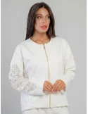 White neoprene-effect sweatshirt jacket with patch pocket in plus size