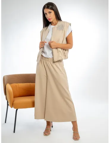Beige Cotton Fleece Vest and Trapeze Midi Trousers Set for plus size