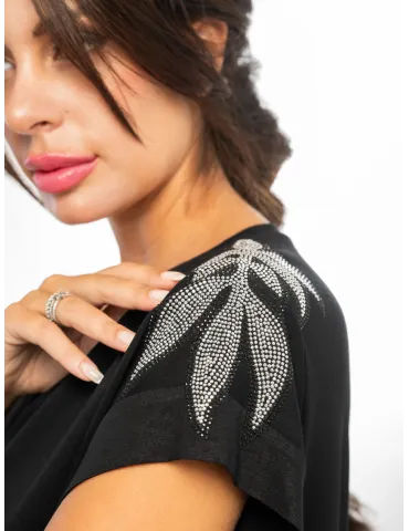 Black Kimono-Sleeve T-Shirt with Crystal Leave Details 2