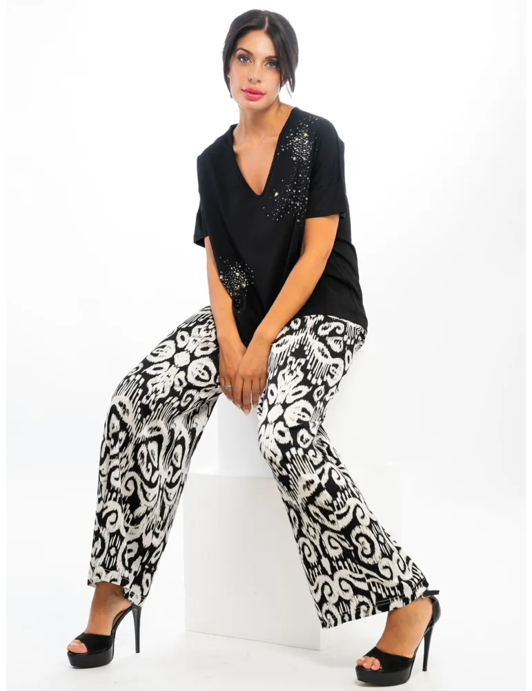 Pantaloni palazzo in raso di viscosa fantasia bianco e nero fino tg 56