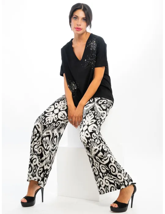 Pantaloni palazzo in raso di viscosa fantasia bianco e nero fino tg 56