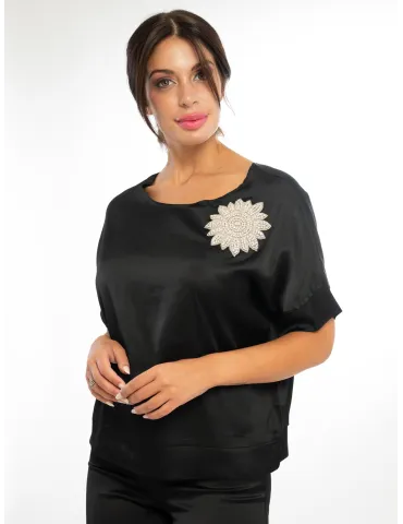 Black silk kimono blouse with shiny rhinestone flower