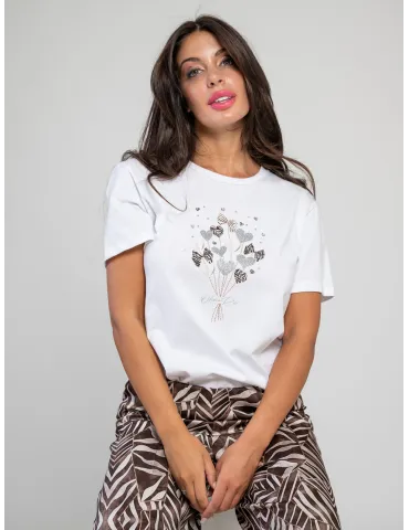 White Cotton T-Shirt with Glitter Heart Bouquet Print