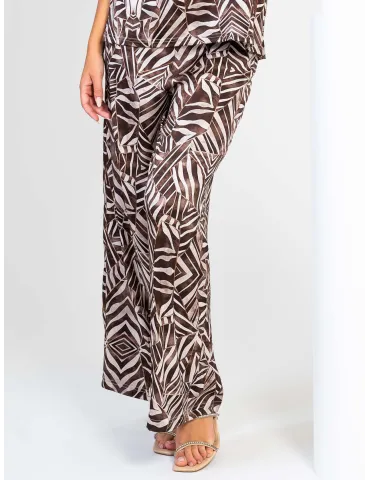 Pantaloni palazzo in raso di viscosa fantasia safari fino alla 56
