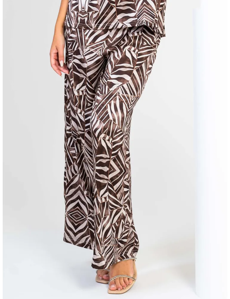 Brown Zebra-Print Palazzo Trousers in Stretch Viscose Satin