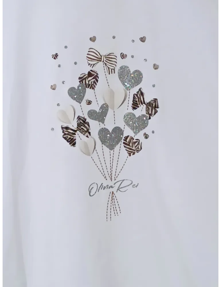 White Cotton T-Shirt with Glitter Heart Bouquet Print