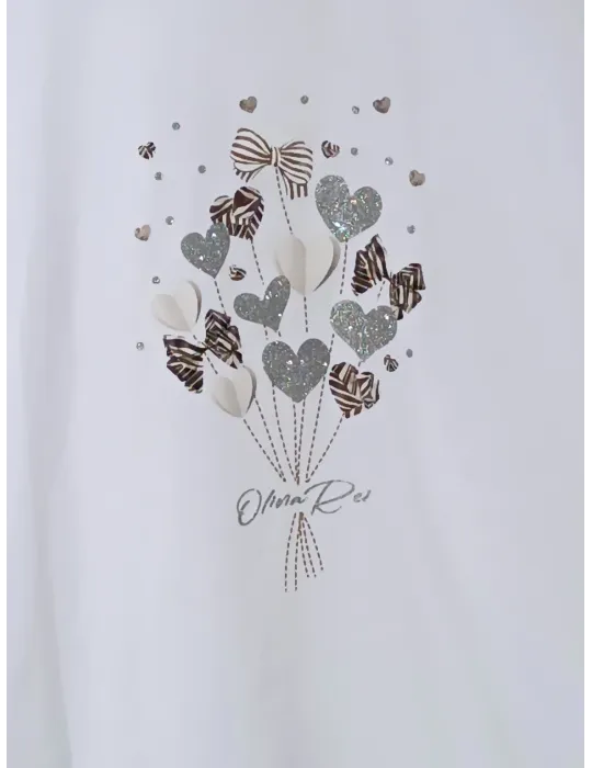 Maglia t-shirt cotone bianco con bouquet di cuori Olivia Rei