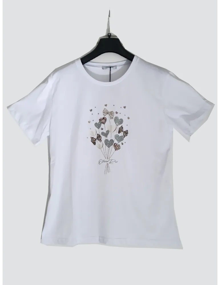 Maglia t-shirt cotone bianco con bouquet di cuori Olivia Rei