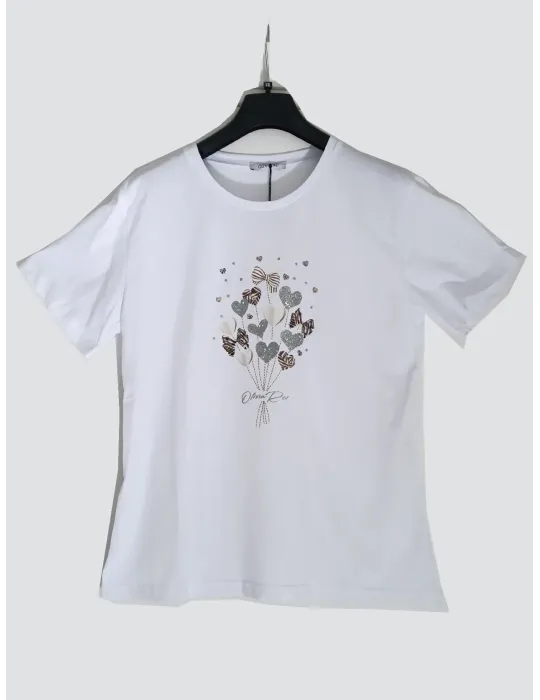 White Cotton T-Shirt with Glitter Heart Bouquet Print