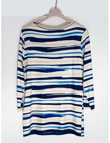 Beige 3/4 sleeves top with blue and gold brushstrokes print 2