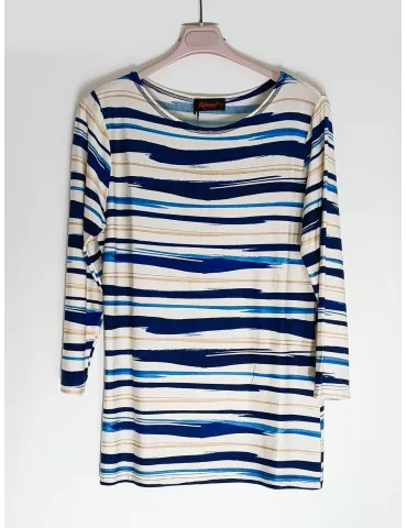 Beige 3/4 sleeves top with blue and gold brushstrokes print