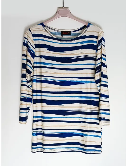 Maglia maniche 3/4 beige con pennellate azzurre fino alla taglia 60