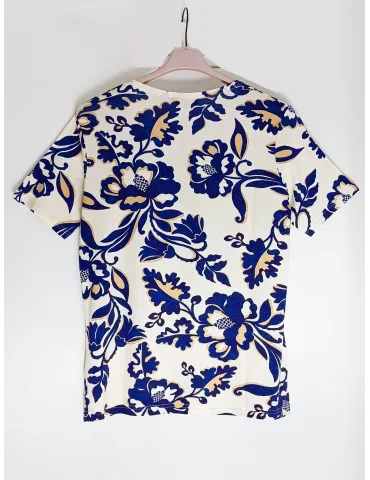 Beige t-shirt with blue and gold oriental flowers print 2