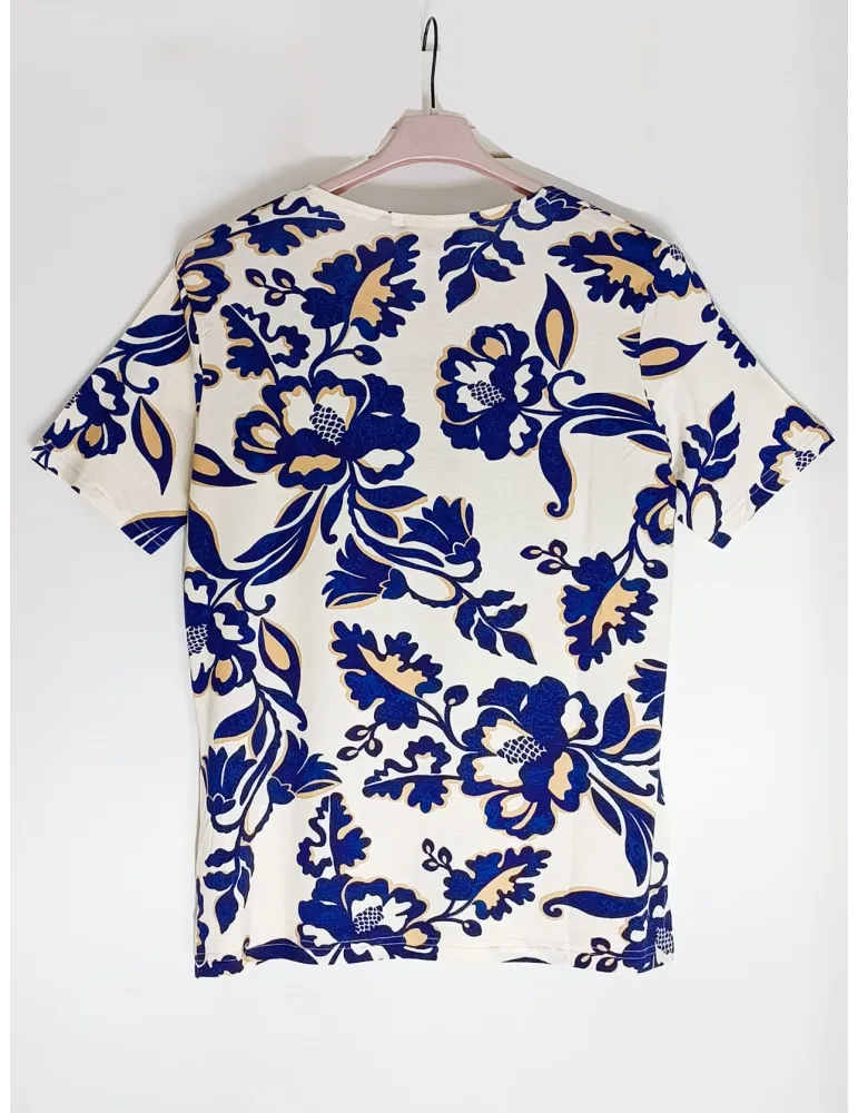 T-shirt beige con stampa fiori orientali azzurro e oro | Rubamori