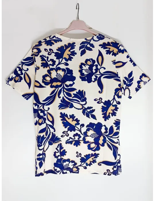 T-shirt beige con stampa fiori orientali azzurro e oro | Rubamori