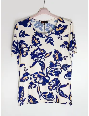 T-shirt beige con stampa fiori orientali azzurro e oro | Rubamori