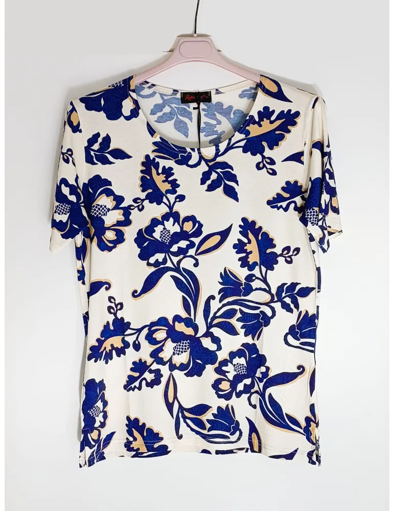 T-shirt beige con stampa fiori orientali azzurro e oro | Rubamori