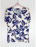 T-shirt beige con stampa fiori orientali azzurro e oro | Rubamori