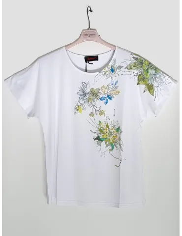 White t-shirt flowers print and rhinestones embellishment