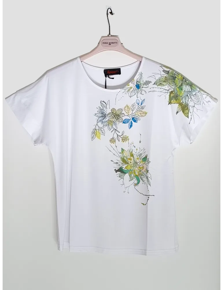 T-shirt bianca a scatola con stampa verde e strass fino alla taglia 56