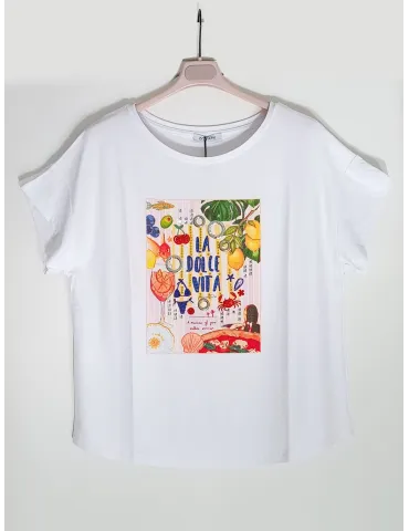 Maglia t-shirt bianca stampa La Dolce Vita fino alla taglia 56 2