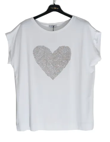 Maglia t-shirt bianca a kimono con grande cuore di strass Olivia Rei
