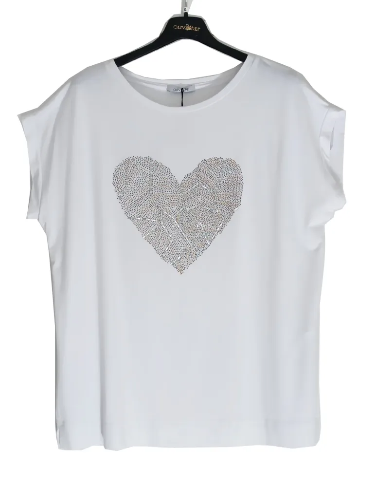White Kimono-Sleeve T-Shirt with Crystal Heart Detail