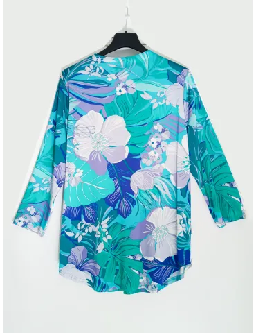 Floral kaftan-style blouse in shades of blue and turquoise 2