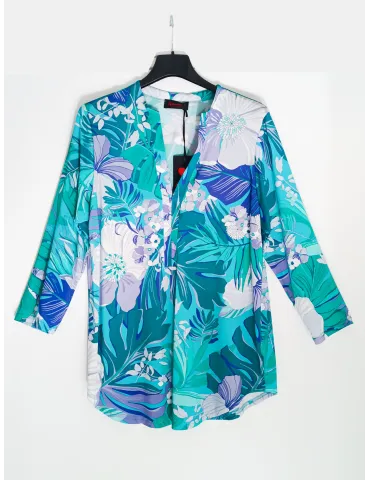 Floral kaftan-style blouse in shades of blue and turquoise